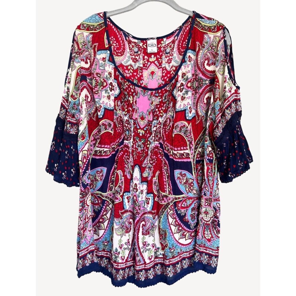 Bila Womens Boho Paisley Blouse Size Large Bell Sleeves Rayon